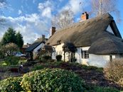 Idyllic thatched roof cottage surrounded by lush garden on a sunny day.