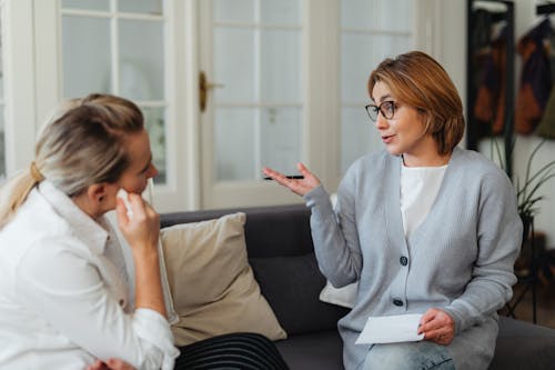 Woman in Gray Long Sleeves Talking to Woman Sitting on Sofa
