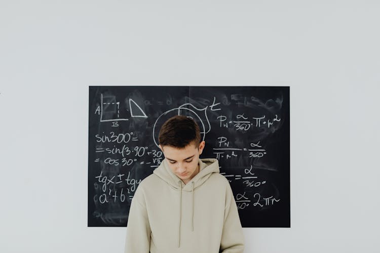 Boy Standing In Front Of A Blackboard With Equations Written On It 