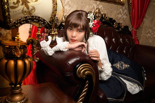 一位美丽的女士懒洋洋地躺在皮沙发上，身着华丽的内饰，展现出复古而奢华的环境