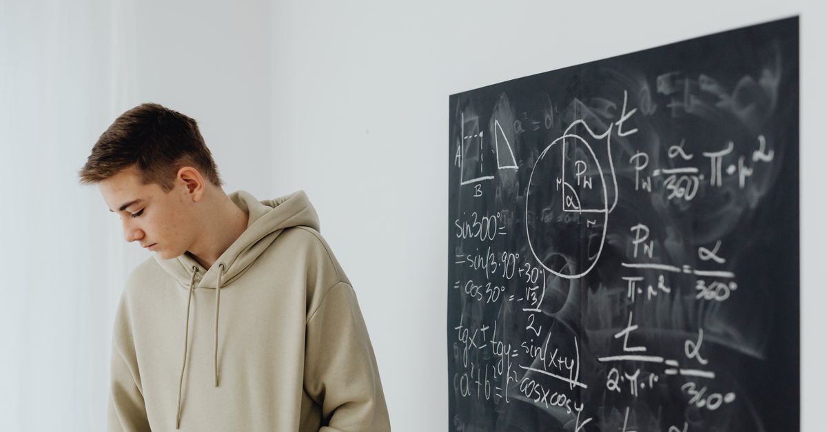 Un adolescent en sweat à capuche se tient à côté d'un tableau noir rempli d'équations mathématiques.
