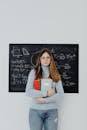 Woman in front of Blackboard with Trigonometry Calculations