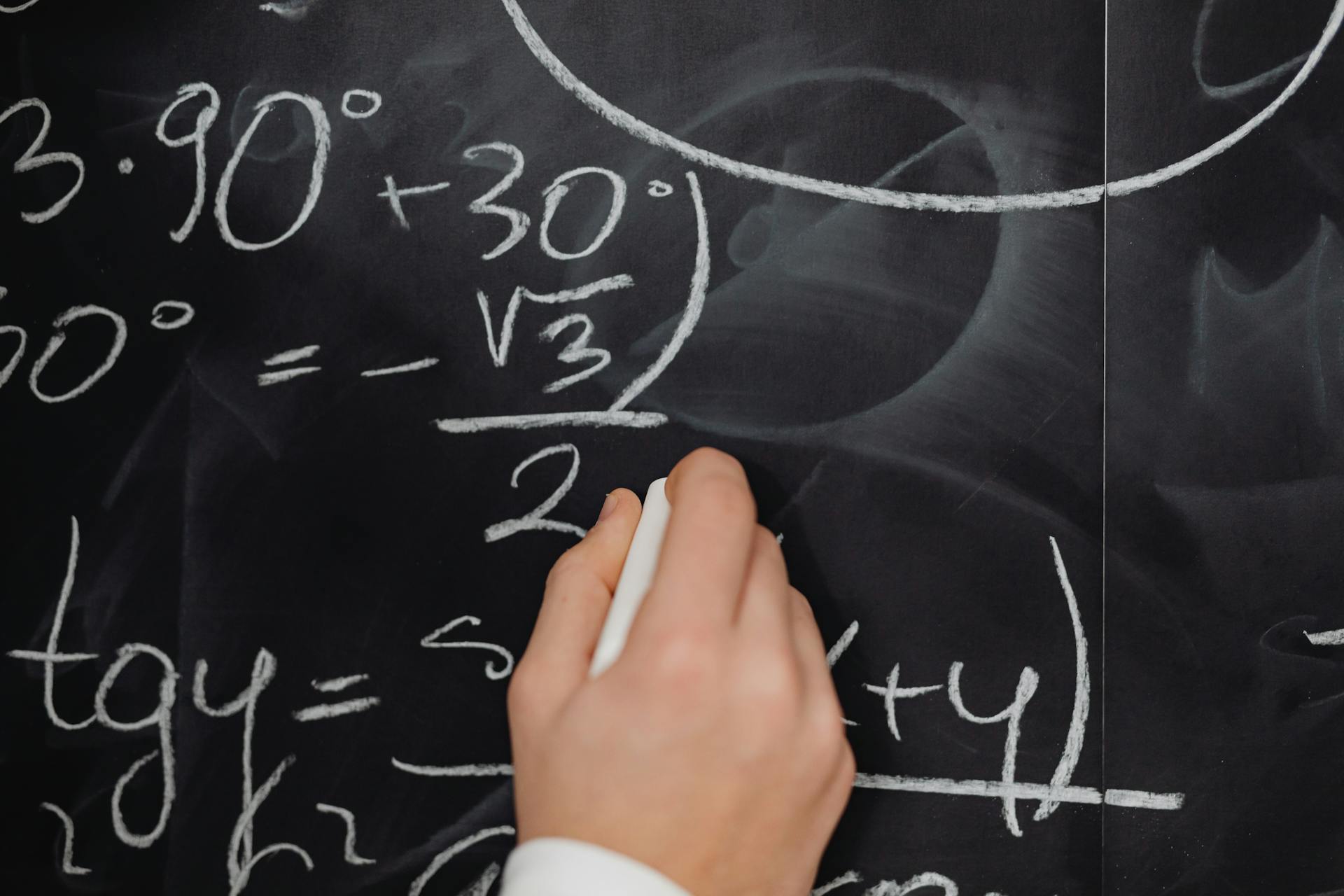 A hand vividly writing complex mathematical equations on a chalkboard.