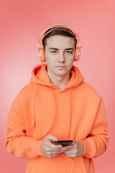Teenager in orange hoodie with headphones using cellphone against pink backdrop.
