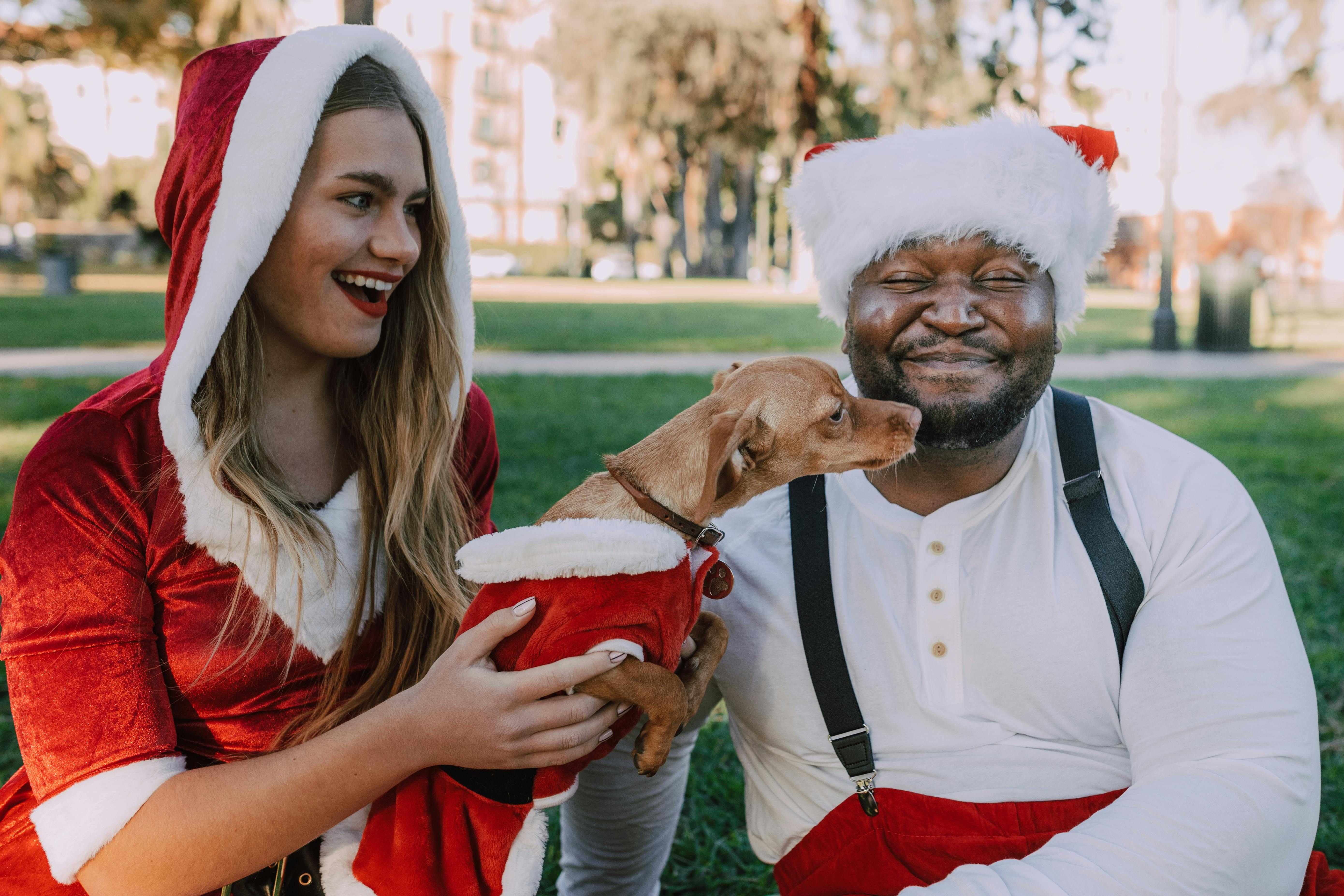 woman in white long sleeve shirt holding brown short coated dog