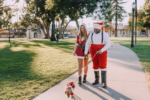 Free Interracial couple dressed as Santa walking a dog in a park during daytime. Stock Photo