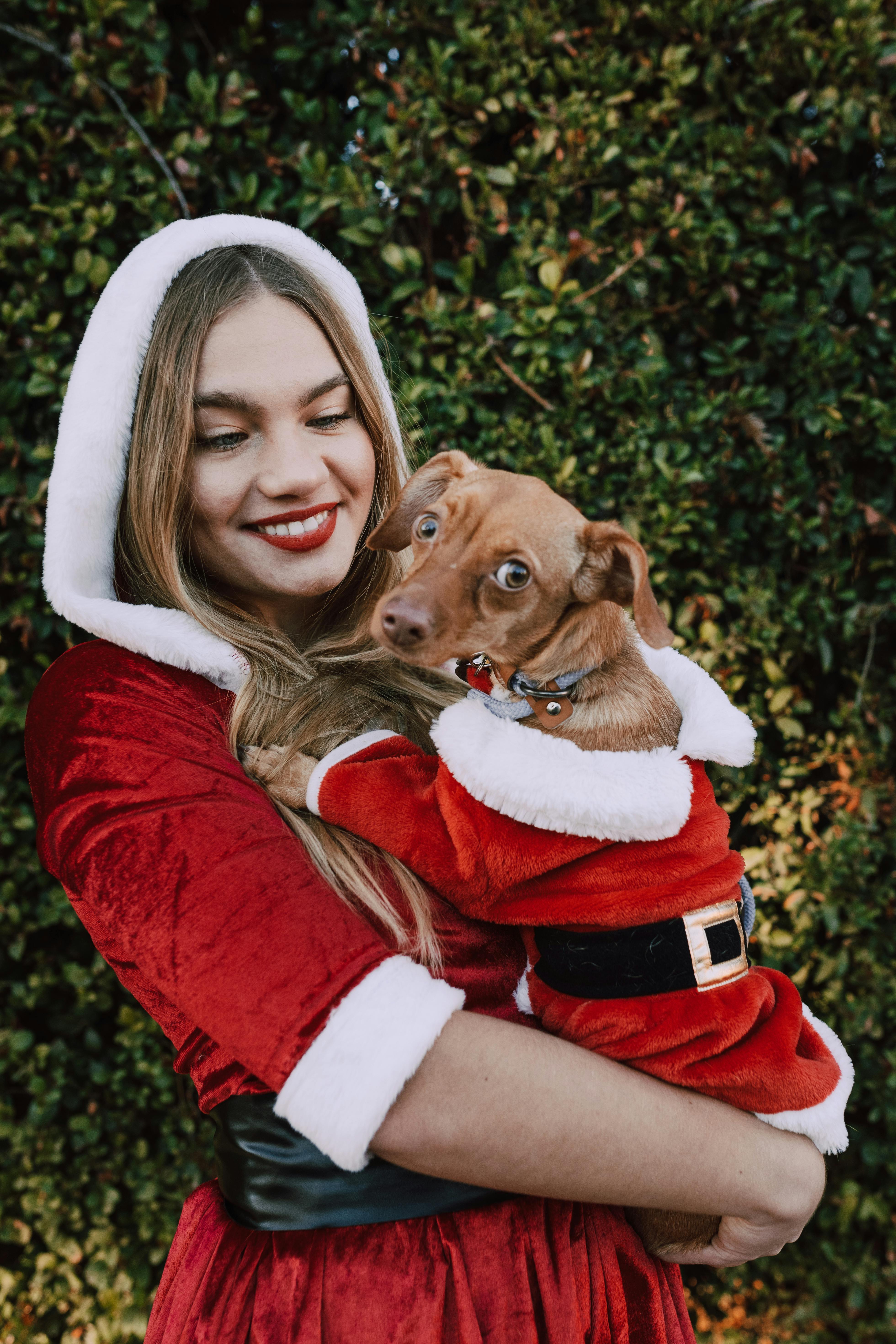 woman in red and white santa claus costume hugging brown short coated dog