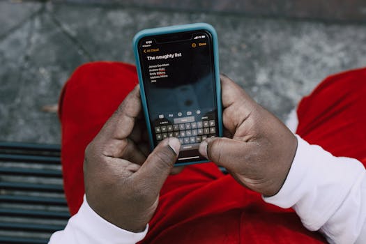 Close-up of hands typing a 'naughty list' on a smartphone outdoors.