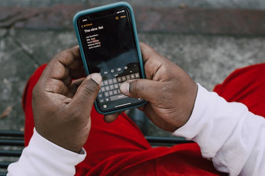A person typing on a smartphone outdoors, wearing a red and white outfit, capturing a close-up view.