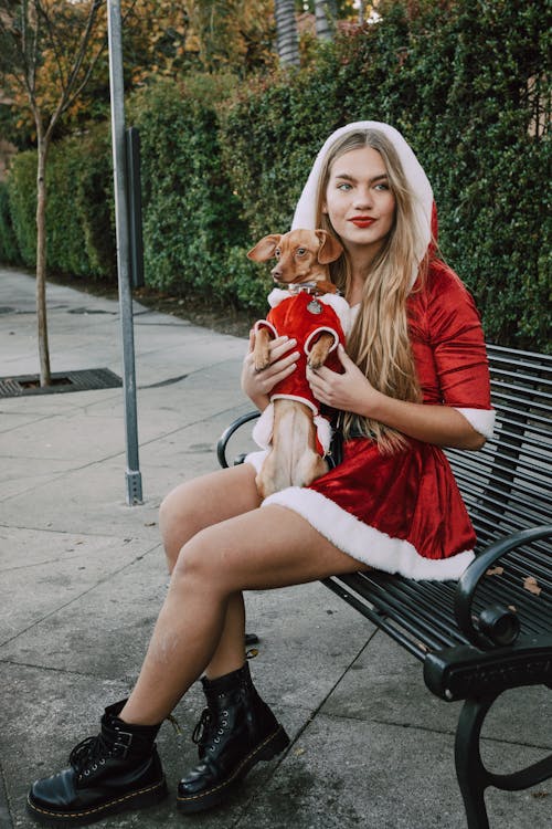 бесплатная Женщина в красном платье держит коричневую собаку Стоковое фото