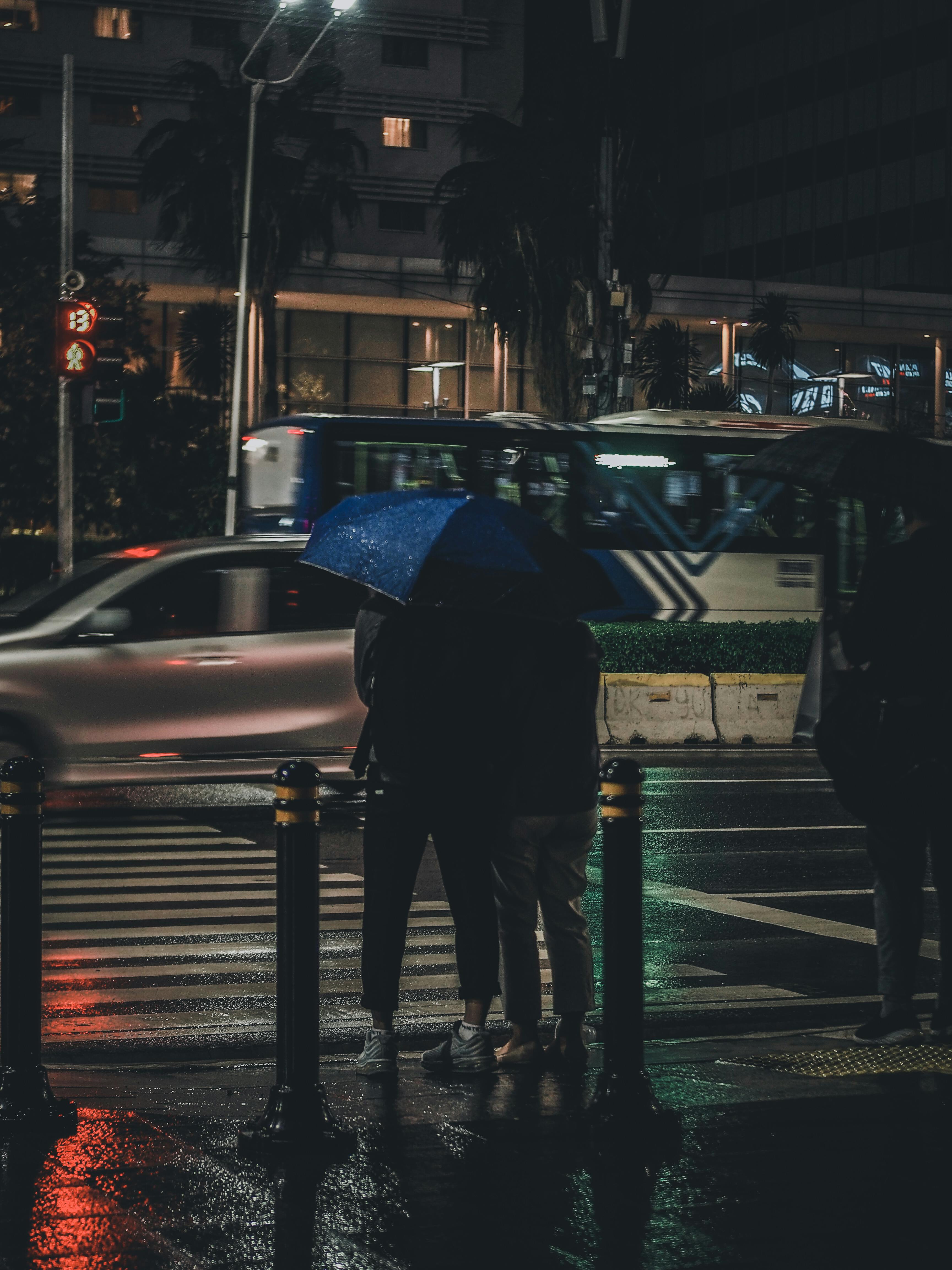 People Under Umbrella Waiting At Zebra Crossing · Free Stock Photo