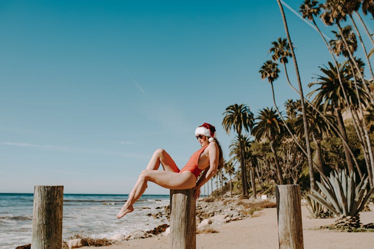 A Woman In Swimsuit Sitting On Tree Log