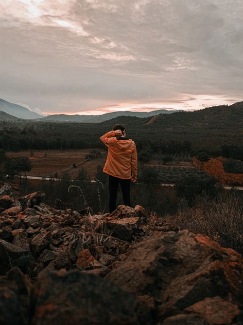 Free Full body back view of unrecognizable person standing on heap of rocks against dense green forest and mountain ridge in nature Stock Photo