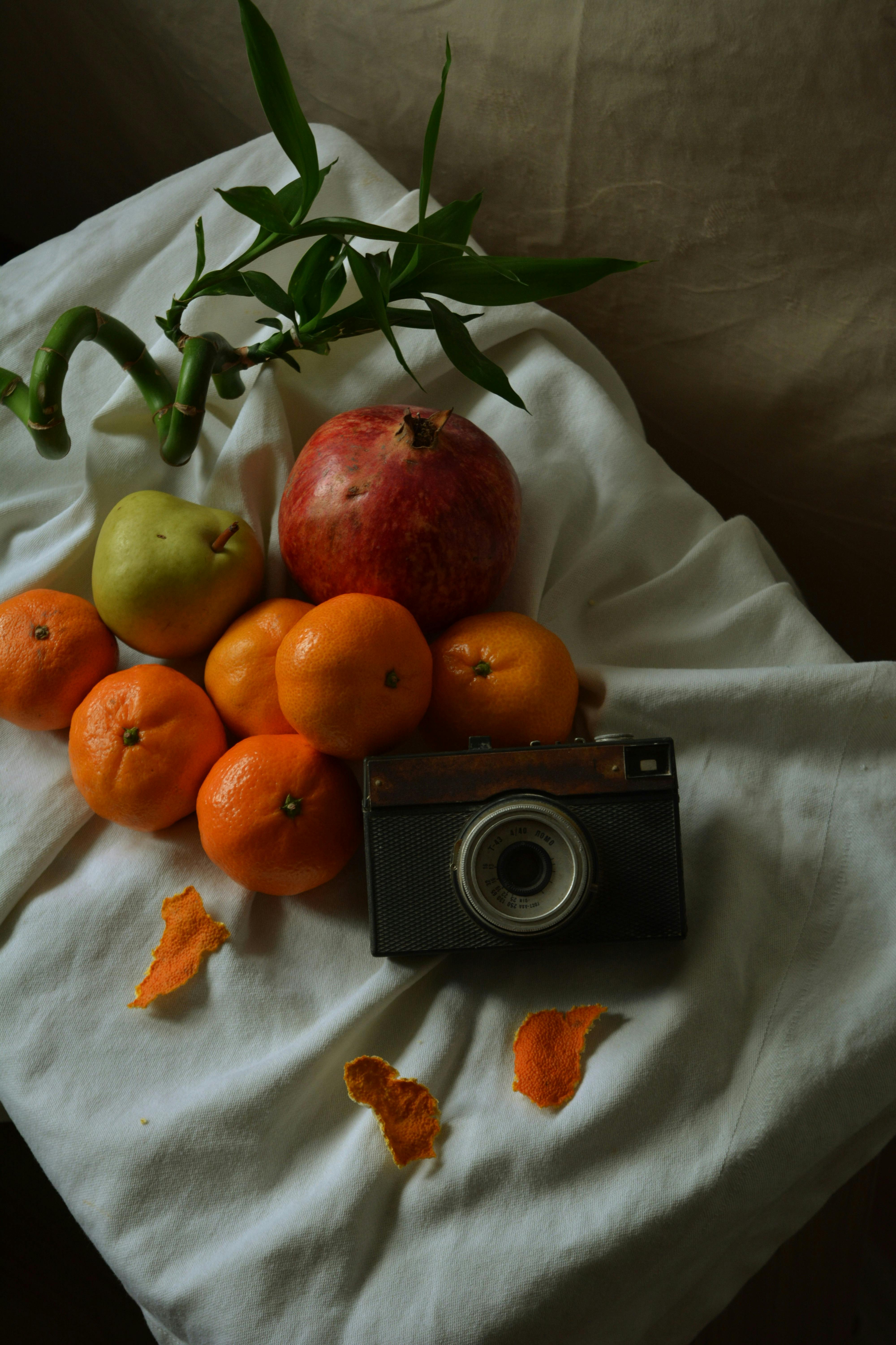 Artistic still life of vintage camera with fruits and green bamboo on cloth. Warm vintage mood.