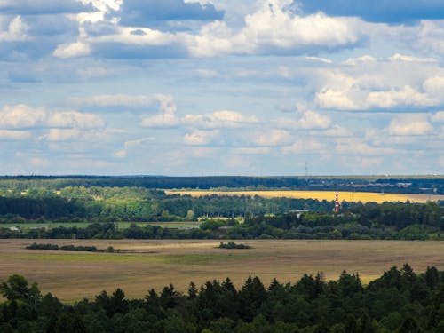 Grünes Grasfeld Unter Weißen Wolken Und Blauem Himmel