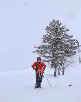 A skier in vibrant gear navigating the snowy, scenic terrain of Kashmir during winter.