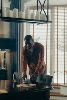 A man prepares tea at a dining table in a cozy, modern kitchen interior.