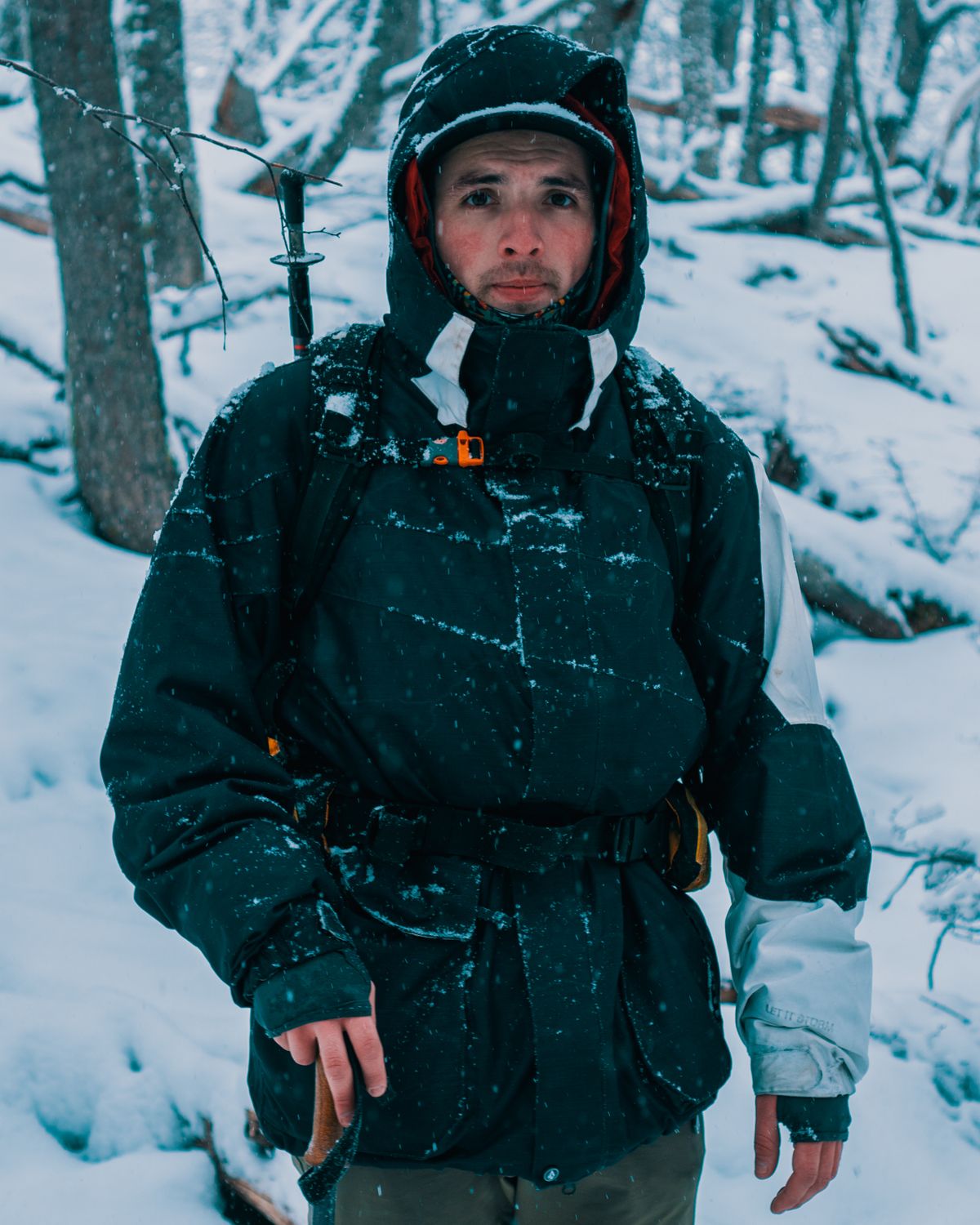 Man in winter gear with trekking poles in a snowy forest