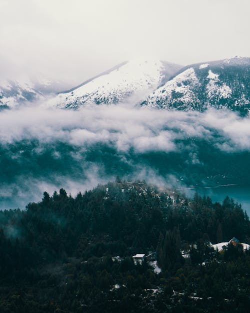 Free Drone Shot of Foggy Mountains near a Forest Stock Photo