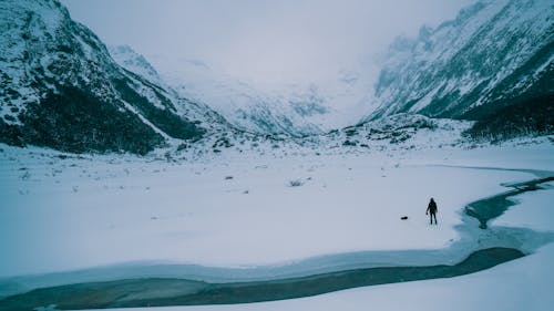 Wide Shot Of Person Standing on Snow Covered Ground