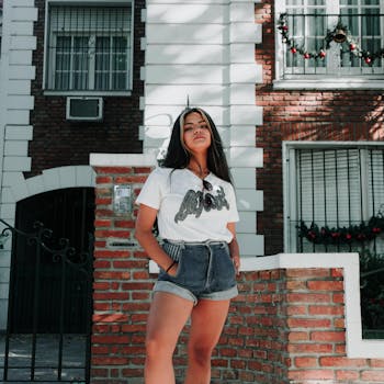 Stylish woman in denim shorts posing against a brick façade in Buenos Aires.