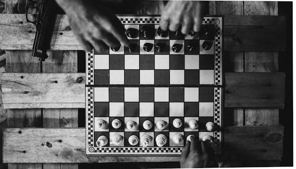 Black and white chessboard setup with hands moving pieces on a wooden table alongside a gun.