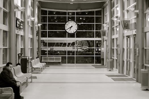 Spacious indoor lobby featuring a large clock and empty benches, creating a tranquil atmosphere.