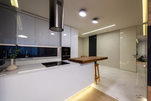 Modern kitchen interior with counter and appliances and glossy cabinets under shining lamps