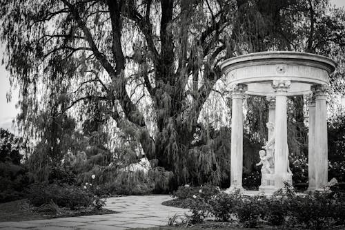 Black and White Photo of Sculpture in Park