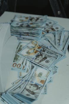 A pile of US dollar bills neatly stacked and secured with a rubber band on a white surface.