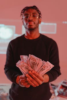 A confident man in a studio setting holds a fan of hundred-dollar bills under red ambient lighting.