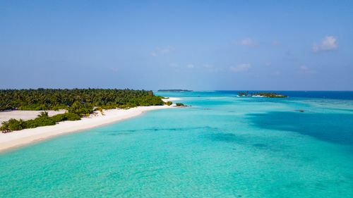 Free Serene aerial view of a turquoise beach and lush jungle on a tropical Maldives island. Stock Photo