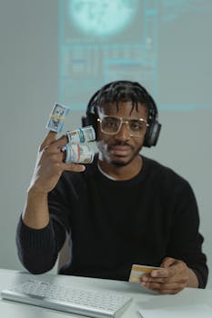Young adult man showing rolled cash and card with headphones in an office environment.