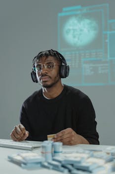 Focused man with headphones holding a card, surrounded by tech elements.