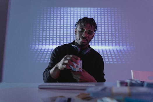 Man with headphones counting cash in a tech-inspired office with ambient lighting.