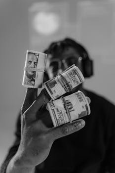 Man holding rolls of money in black and white photography.
