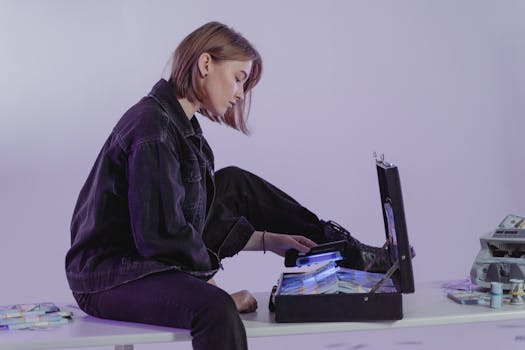 A woman examining cash in a briefcase, hinting at modern financial themes indoors.