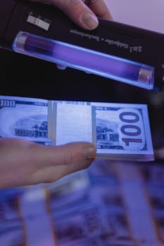 Close-up of a handheld detector authenticating hundred-dollar bills under UV light.