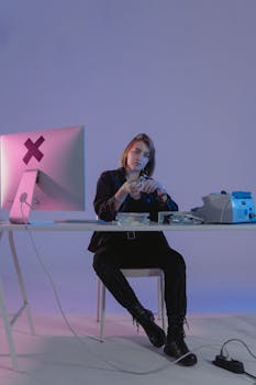 Woman wearing black jacket seated at desk with money and computer equipment.