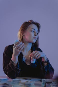 A young woman in a black denim jacket holding bundles of cash on a table.