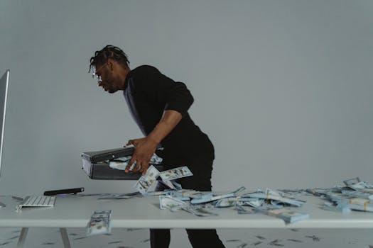 A person quickly gathers cash into a briefcase, conveying a sense of urgency and action.