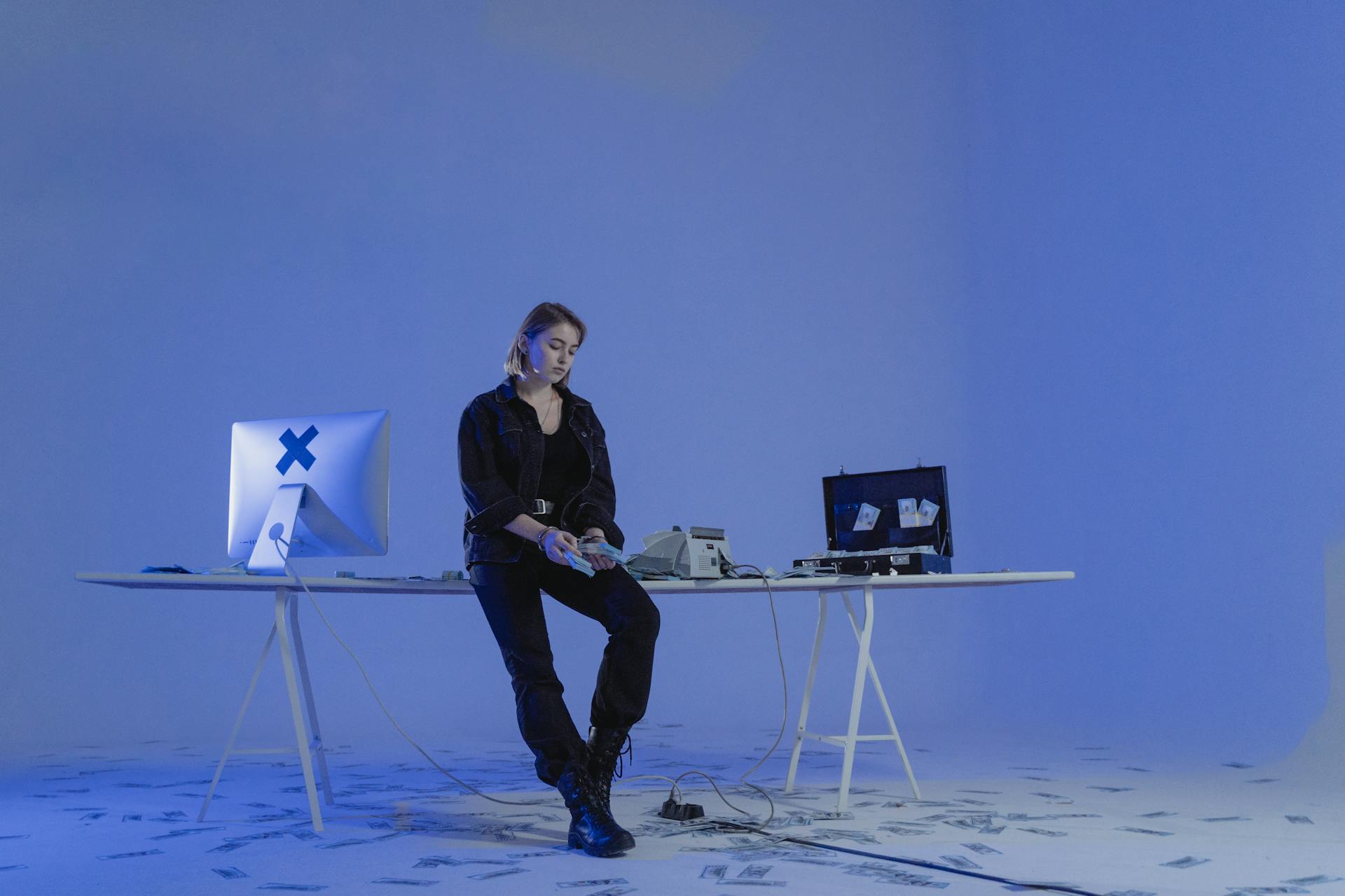 A woman in a dark room counting money with a computer and tools on a table.