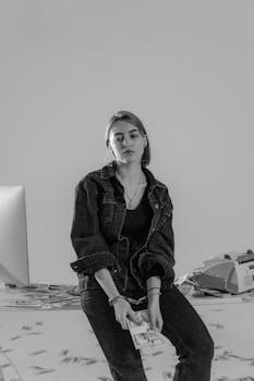 Black and white photo of a woman holding cash and sitting inside, conveying a serious mood.