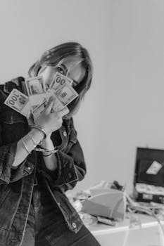 A person in a denim jacket holding a fan of hundred dollar bills indoors.