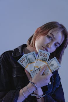 A young woman poses with a handful of cash under moody lighting, wearing casual attire.