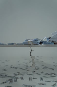 Bundled cash on table with handcuffs symbolizes financial crime.