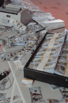 Large bundles of US dollar bills spread across a table, showcasing wealth.