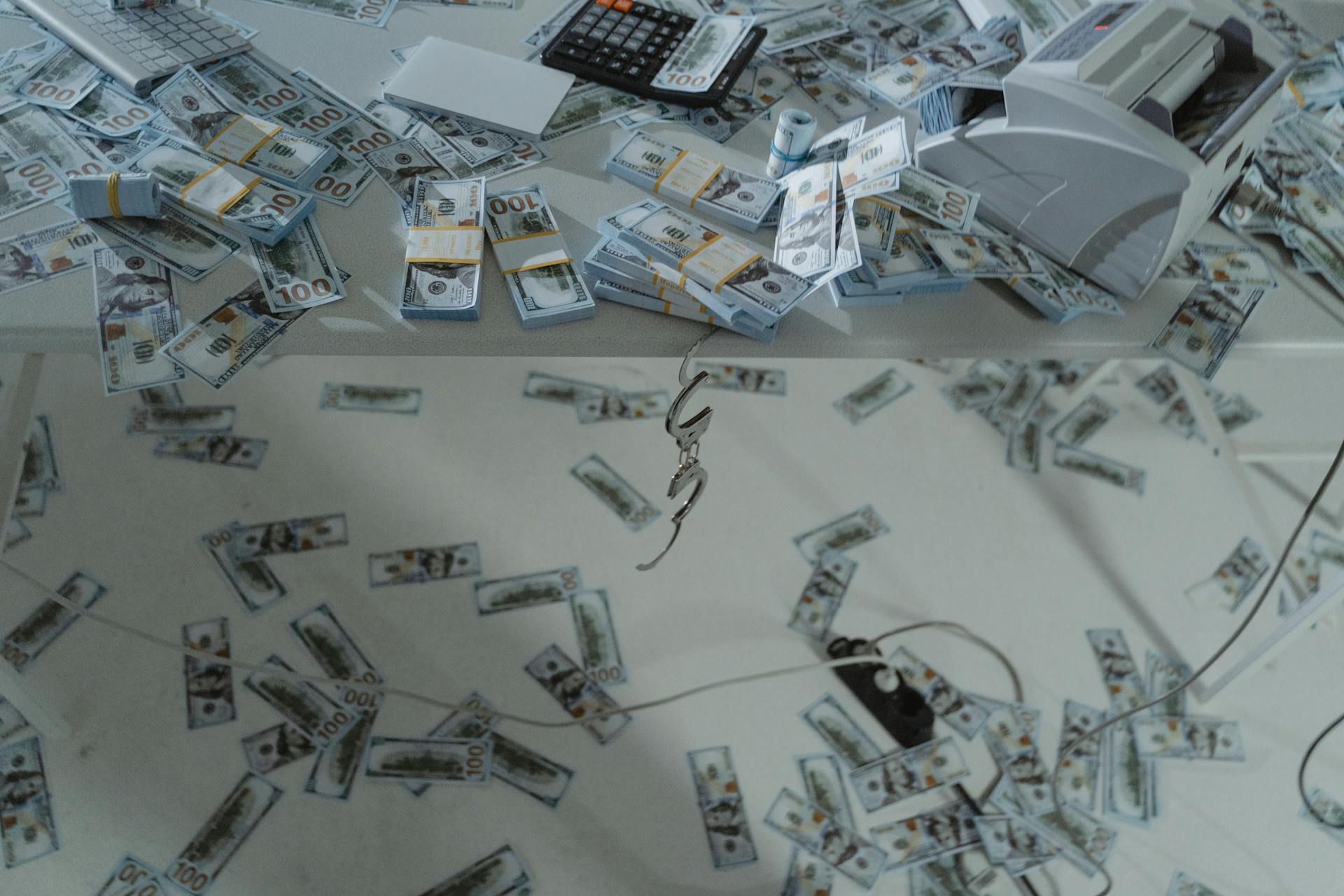 Stacks of US dollar bills scattered across a desk with a money counter and calculator.