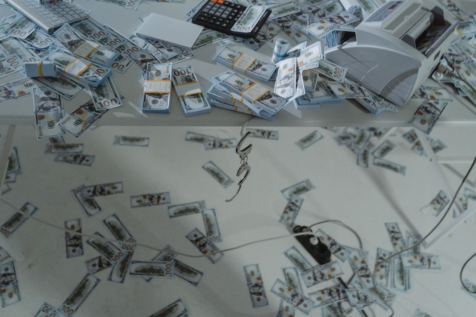 Fajos de dinero sobre una mesa con poca luz