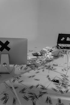 Black and white photo showing scattered cash bills on an office desk with a computer, symbolizing finance.